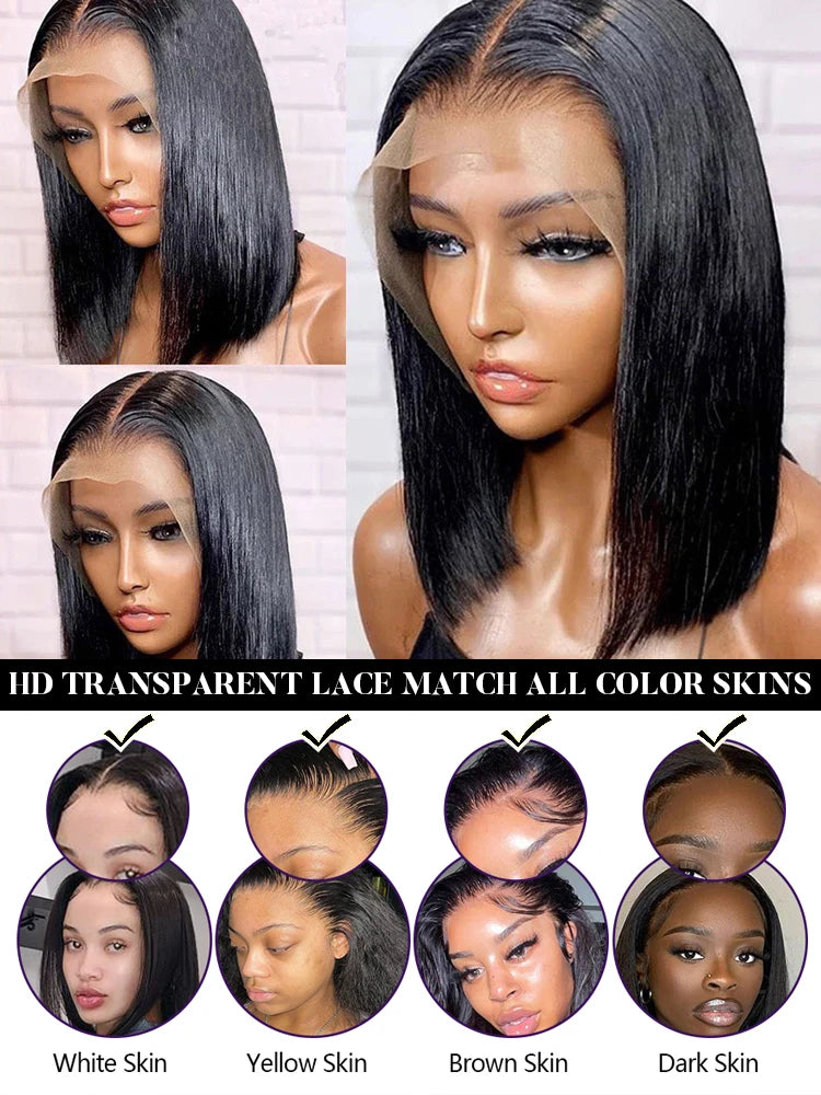 Transparent Lace Frontal Short Bob Wig Glue less Remy Straight Natural Hair
