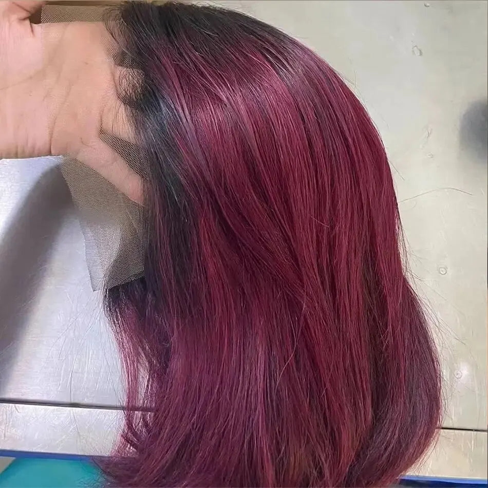Burgundy Short Straight Bob Brazilian Lace Front Human Hair Wigs Pre Plucked T Part Lace Wigs Remy Hair
