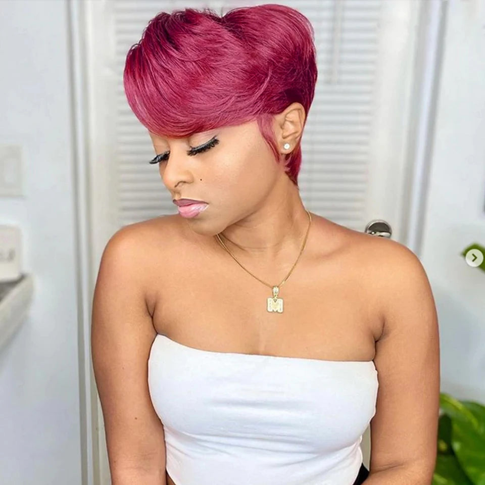 Brazilian Pixie Cut Wigs With Bangs Glueless Short Bob Human Hair
