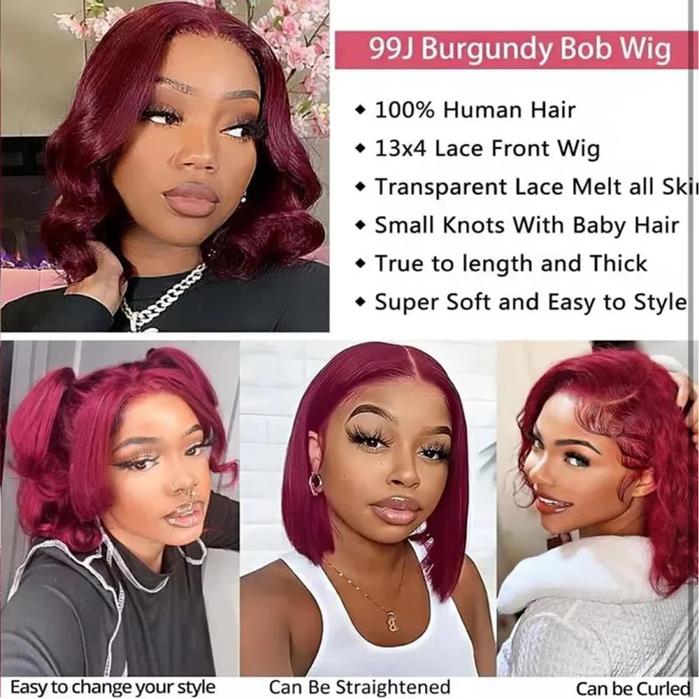 Transparent Full Frontal Lace Burgundy Straight Short Bob Human Hair Wigs