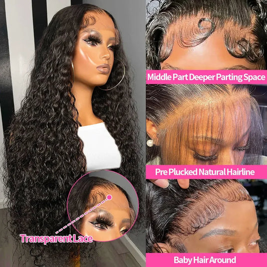 Transparent 250 Density Water Culry Hd Lace Frontal Wig Human Hair 40 42 Inch Deep Wave 13x4 Lace Front Wigs For Black Women