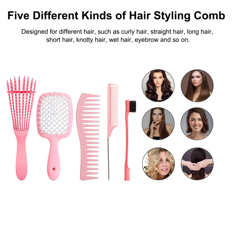 5 pcs/Set Detangling Brush Set Scalp Massage Hair Comb Dual Edge Brush Styling Comb