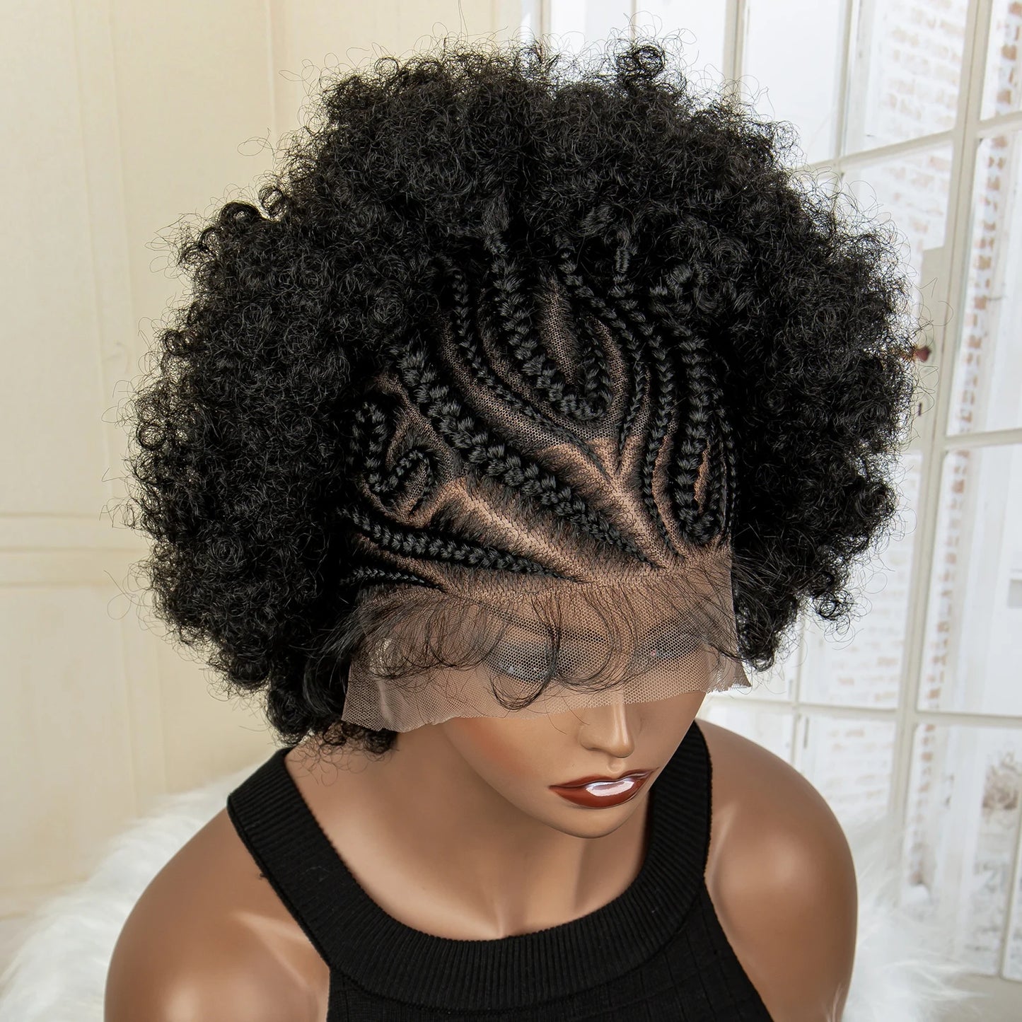 Synthetic 13x6 Lace Frontal Cornrow Braided Wig Kinky Curly Bob with Buns