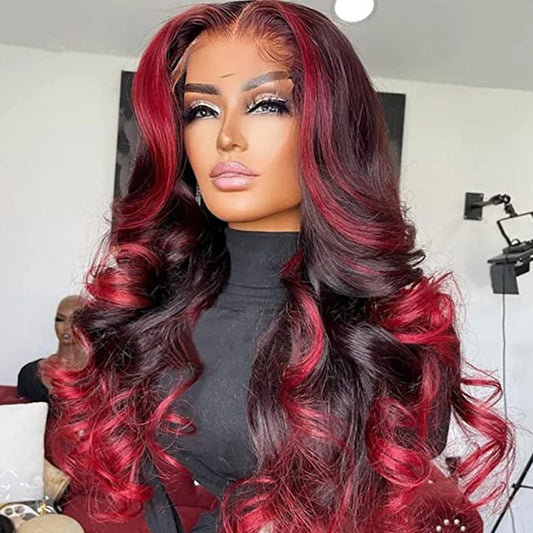 Highlight Green Body Wave Lace Front Human Hair Wigs HD Tranaparent 13x6 Lace Frontal Wig 100% Remy Red Highlight Human Hair Wig