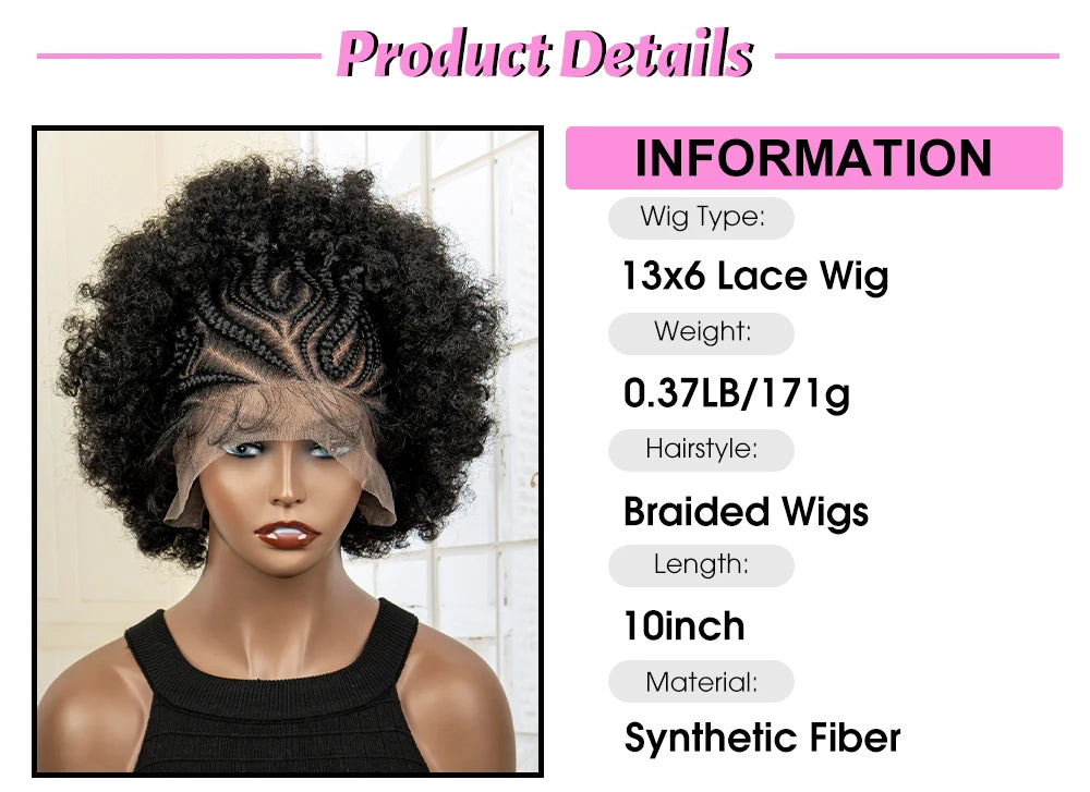 Synthetic 13x6 Lace Frontal Cornrow Braided Wig Kinky Curly Bob with Buns