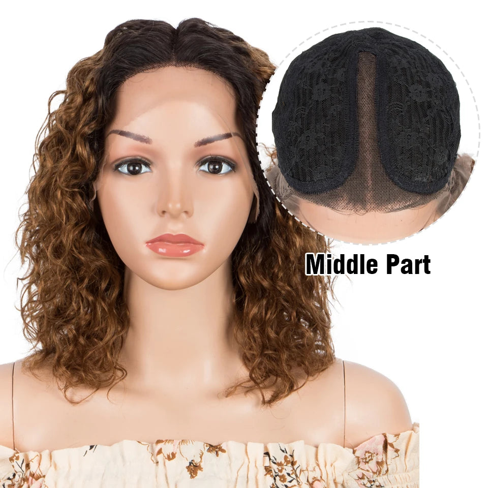 Sleek Curly Human Hair Brown Highlights Water Wave T Part Lace Wigs - Supreme Lush Hair