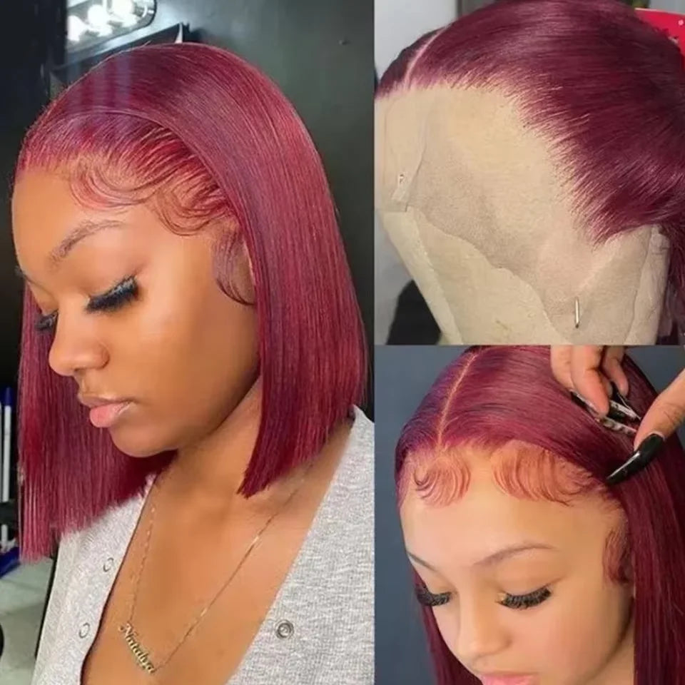 Transparent Full Frontal Lace Straight Short Burgundy Bob Human Hair Wigs