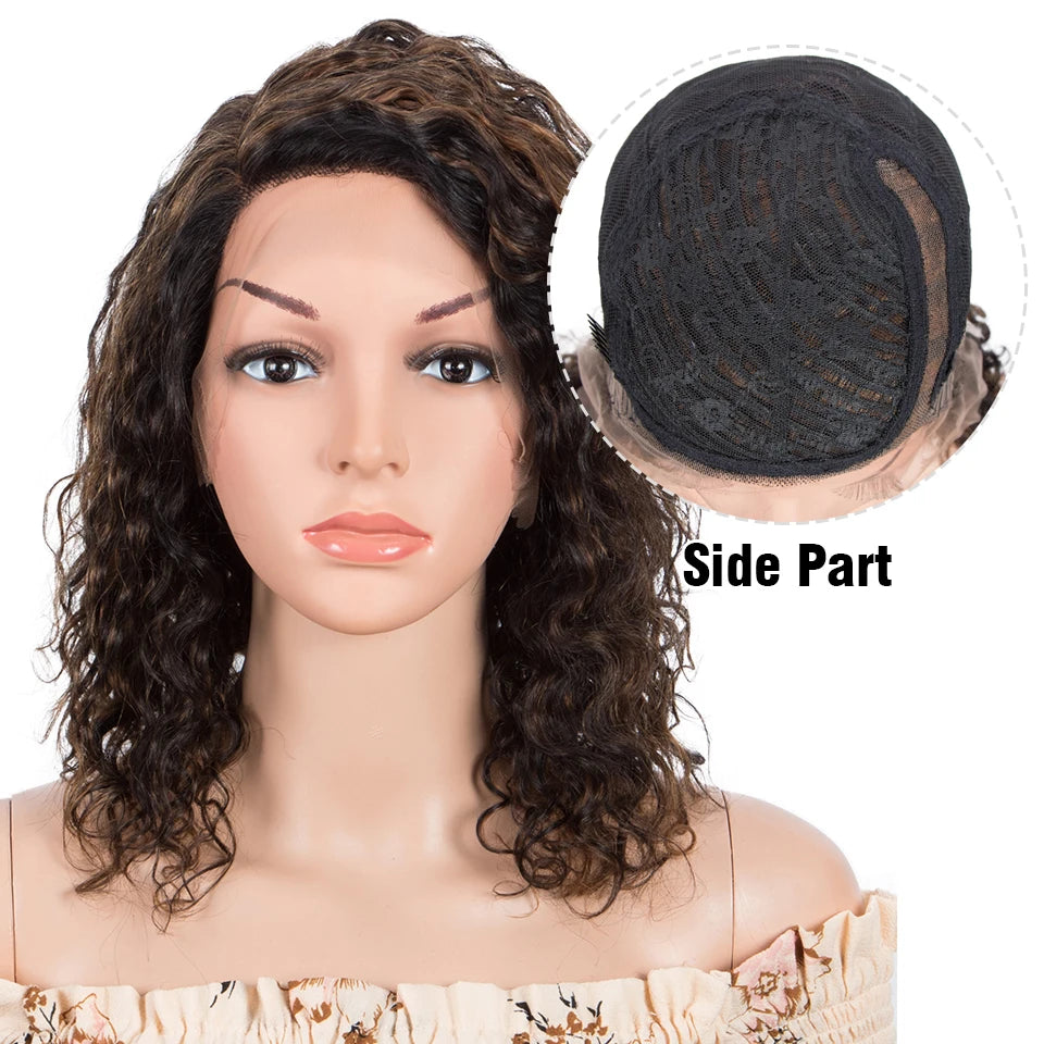 Sleek Curly Human Hair Brown Highlights Water Wave T Part Lace Wigs - Supreme Lush Hair