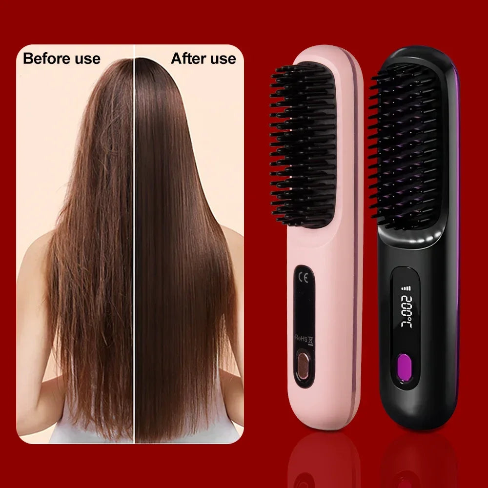 Wireless Hair Straightener Brush Ceramic Heating