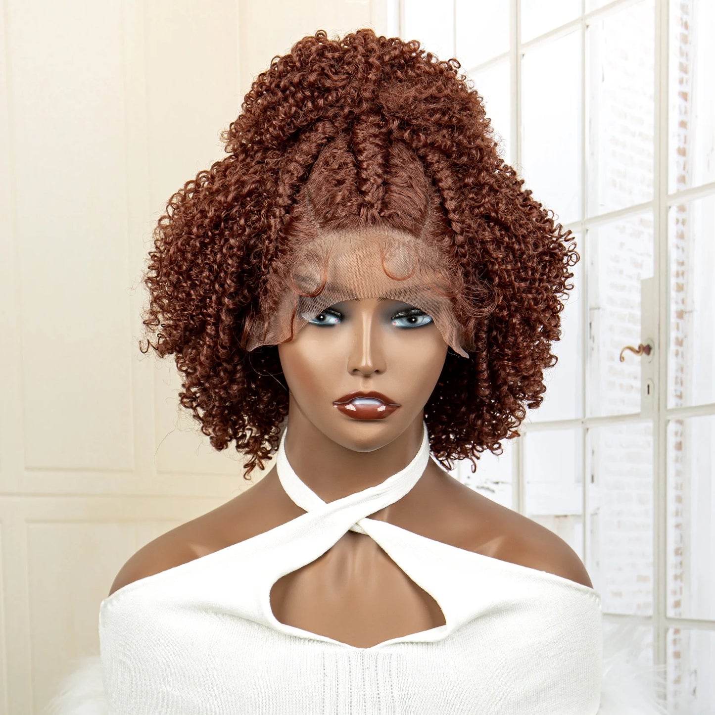 Short Synthetic Blonde Braided Wigs with Baby Hair Jerry Curly Hair Wigs Curly Bob Wig with Buns