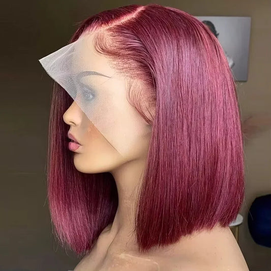Transparent Full Frontal Lace Straight Short Burgundy Bob Human Hair Wigs