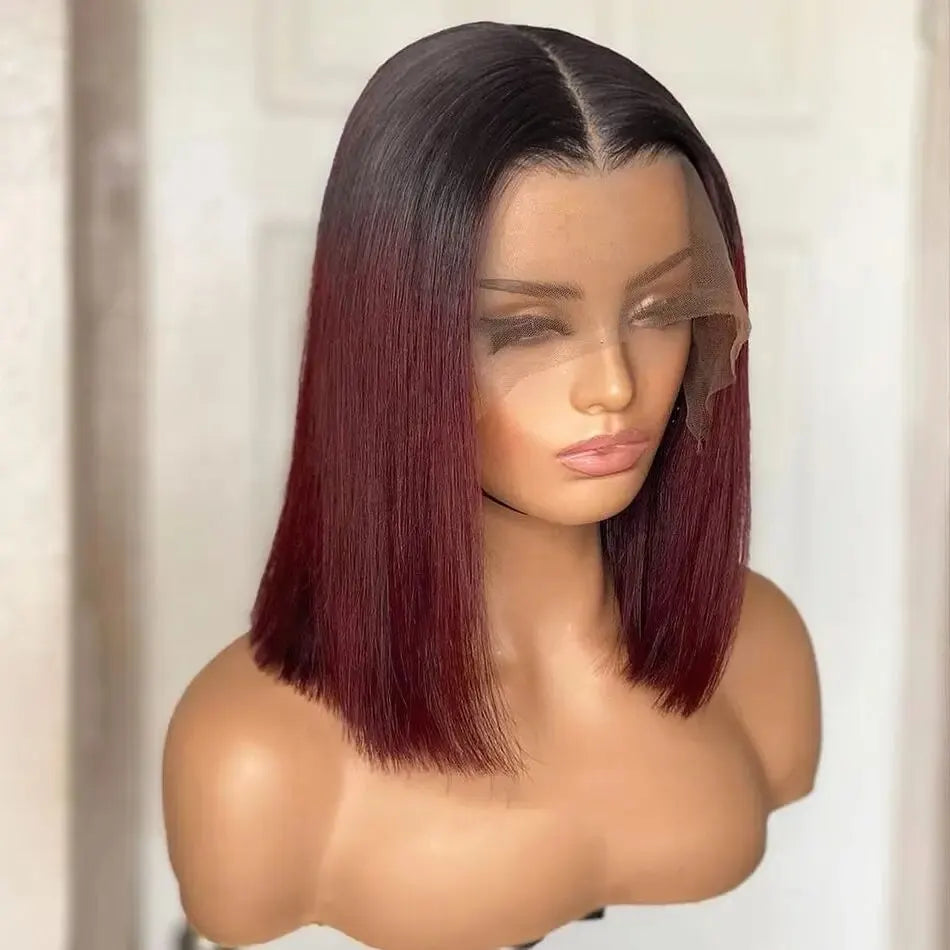 Burgundy Short Straight Bob Brazilian Lace Front Human Hair Wigs Pre Plucked T Part Lace Wigs Remy Hair