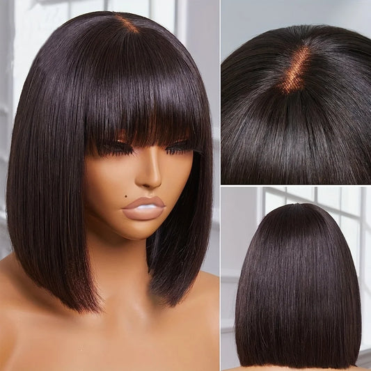 Bone Straight Short Bob Wig With Bangs Brazilian Remy Hair