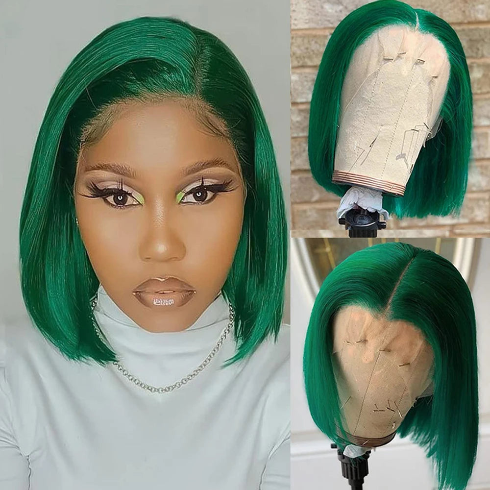 Straight Dark Green Short Bob Lace Front Human Hair Wig