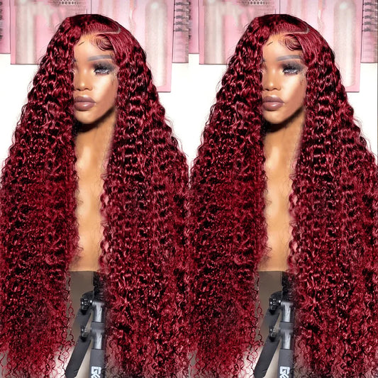 Curly Burgundy 13x6 HD Lace Frontal Wig Human Hair Brazilian Deep Wave