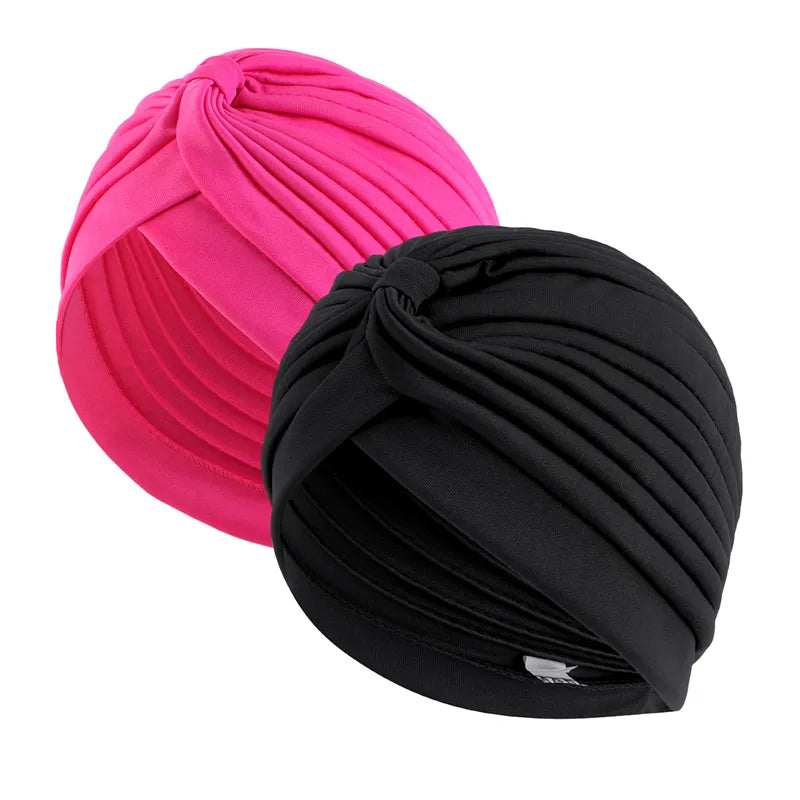 2pcs/lot Stretch Turbans Head Cover Twisted Pleated Headwrap Assorted Hair Cover Beanie Hats for Women Girls