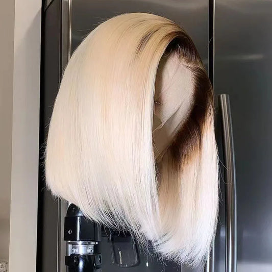 Honey Blonde Dark Root Coloured Short Bob Lace Frontal Wig Closure Wig