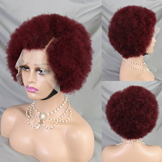 Afro Kinky Curly Lace Front Human Hair Afro Side Part  Natural Hairline Glue less Short  Wigs