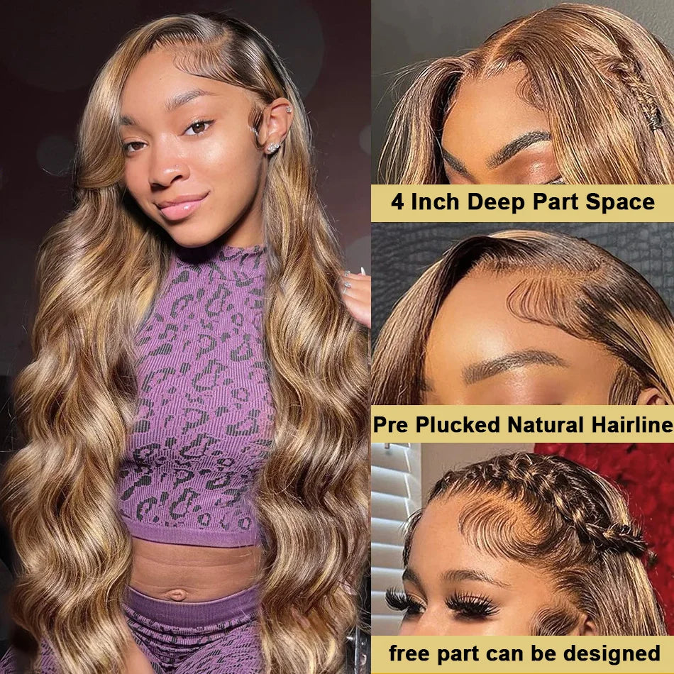 30 40 Inch 4/27 Highlight Colored Ombre Blonde Body Wave Wig Human Hair Brazilian 13x6 HD Transparent Lace Frontal Wig For Women