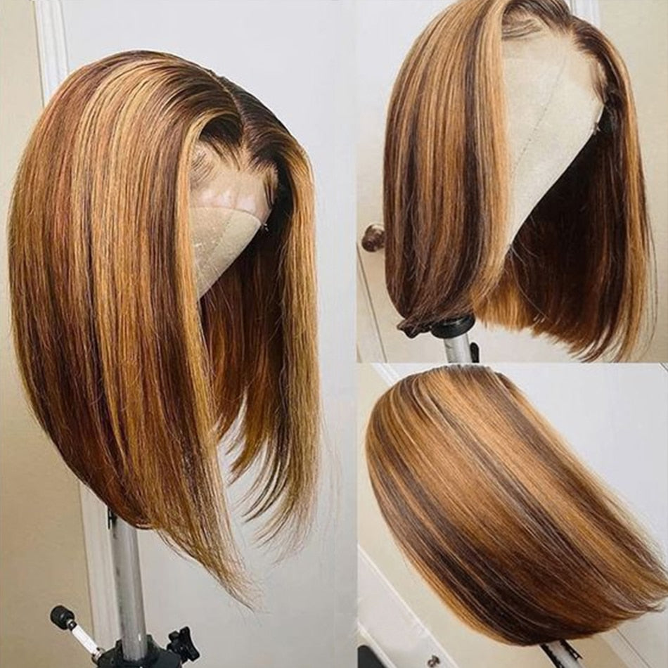 Brown Bob Straight Remy Hair 180 Density 4x4 Lace Closure Highlight Wig - Supreme Lush Hair