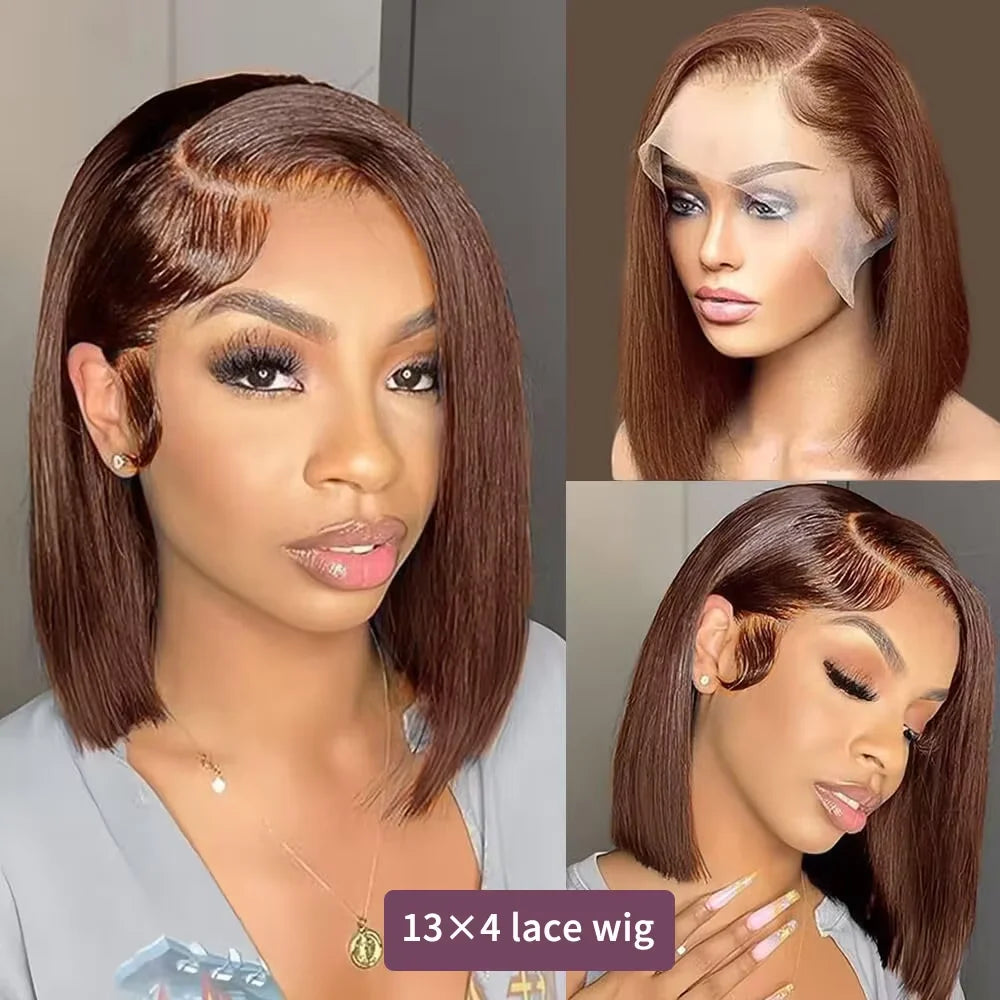 220 Density Full Frontal 13x4 HD Transparent Lace #4 Chocolate Brown Straight Short Bob