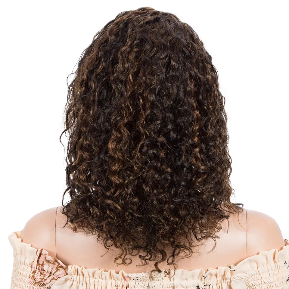 Sleek Curly Human Hair Brown Highlights Water Wave T Part Lace Wigs - Supreme Lush Hair