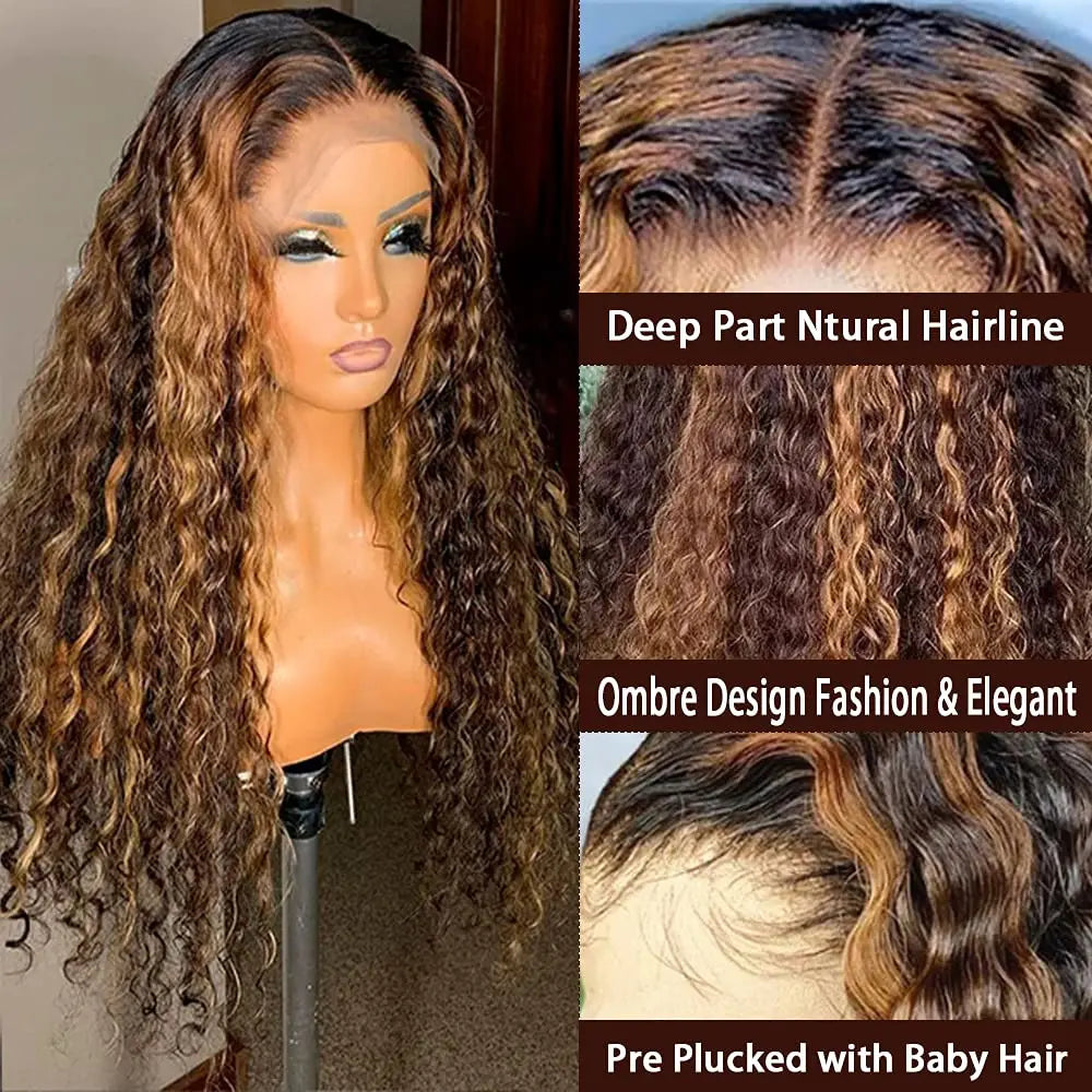 Sleek Curly Human Hair Brown Highlights Water Wave T Part Lace Wigs - Supreme Lush Hair