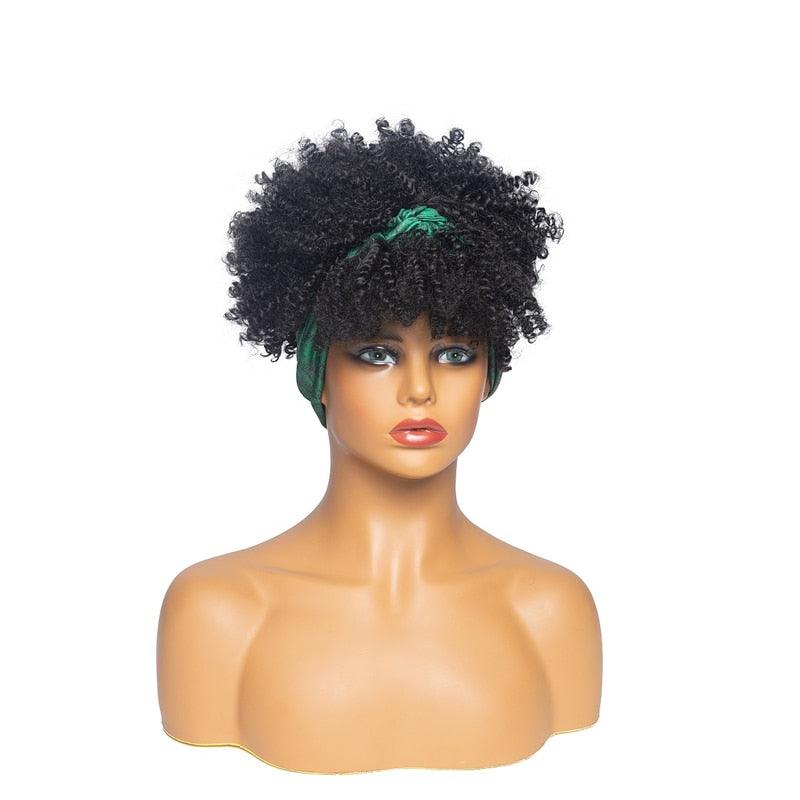 Short Kinky Curly Synthetic Headband Wigs with Scarf - Supreme Lush Hair