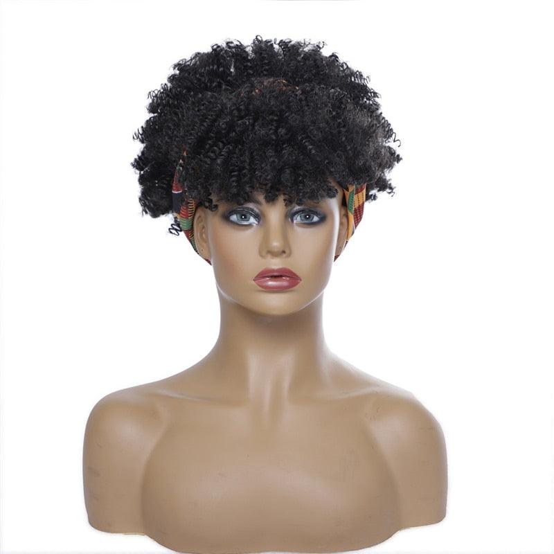 Short Kinky Curly Synthetic Headband Wigs with Scarf - Supreme Lush Hair