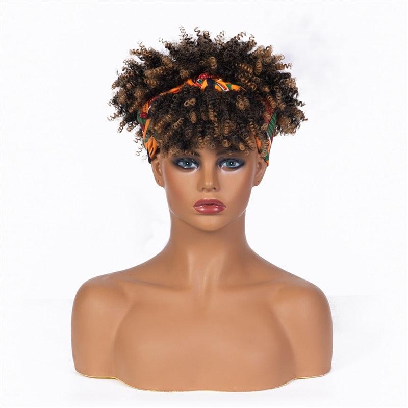 Short Kinky Curly Synthetic Headband Wigs with Scarf - Supreme Lush Hair